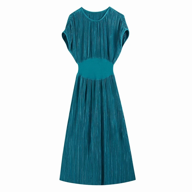 

Женское плиссированное платье, длинное платье до середины икры с эластичным поясом и круглым вырезом, лето 2022