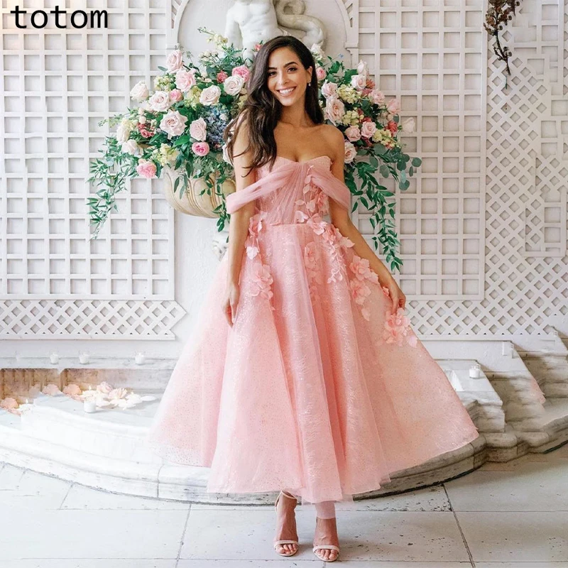 

Glimmer Off The Shoulder Tulle Elegant Formal Party Dresses Strapless For Women Floral Print Custom Made Vestido De Fiesta Pleat