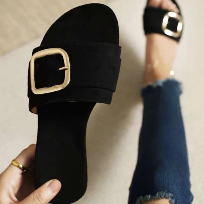 2023 Minimalist Buckle Detail Slide Sandals Women Summer Non-slip Outdoor Beach Sexy Female Sandals Fashion Black Woman Slippers