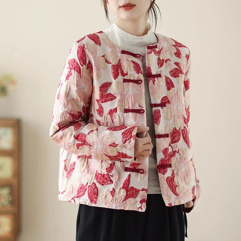 Жаккардовая хлопковая куртка с вышивкой в китайском стиле Женская осенне-зимняя