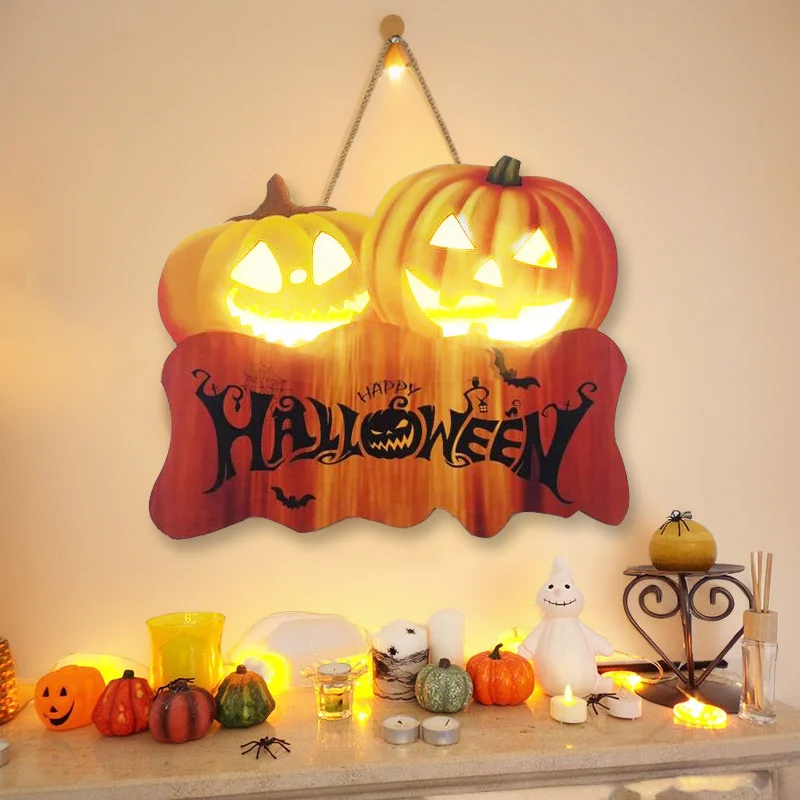 

Halloween Decoration LED Light Door Hanging Welcome Sign Happy Halloween Pumpkin Wall Craft For Home Outdoor Garden Horror Decor
