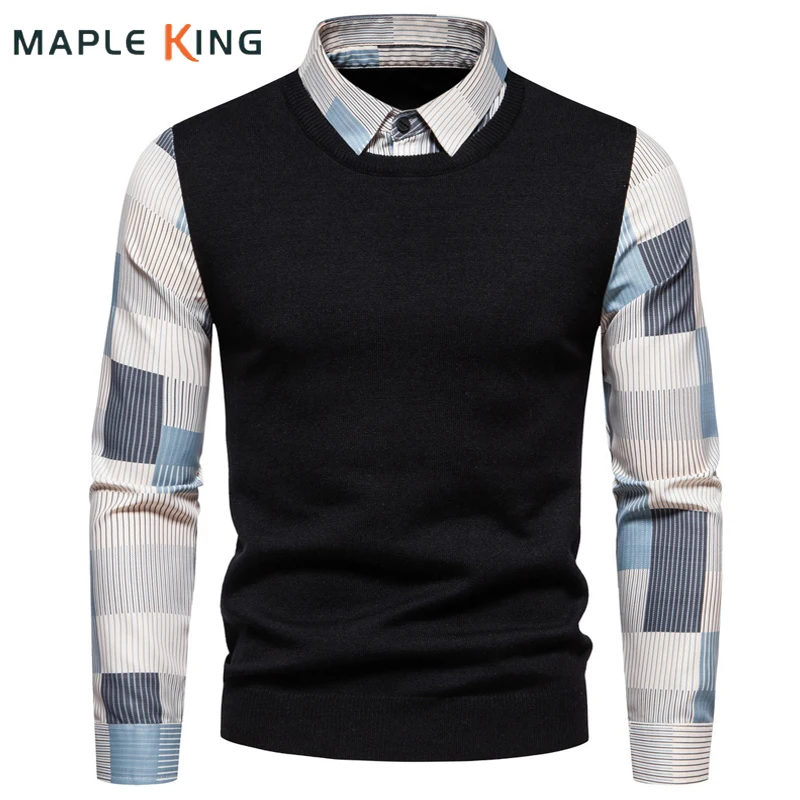 

Мужские зимние рубашки, вязаный свитер в стиле пэчворк, корейские модные клетчатые полосатые деловые пуловеры из двух частей, мужские свитера для мужчин