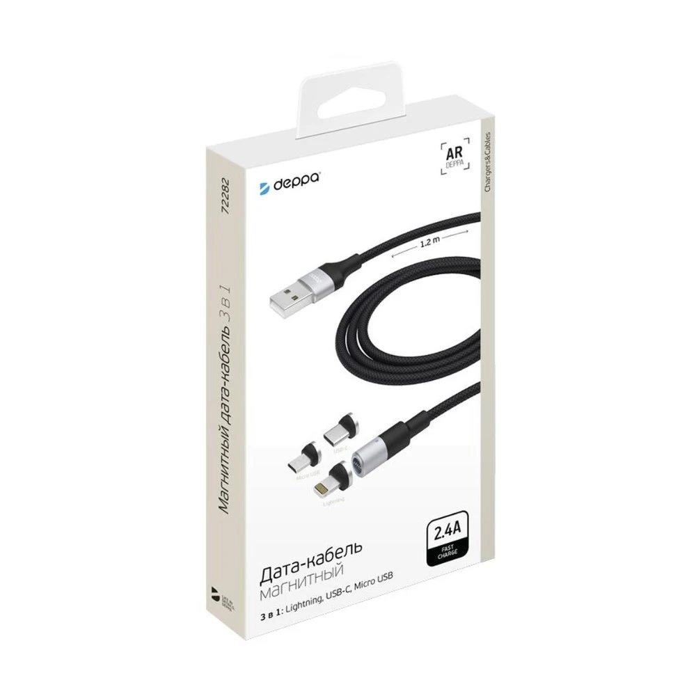 Кабель Deppa 72282 3 в 1 с разъемом Apple MFI Lightning/micro-USB/Type C 1.2 м черный