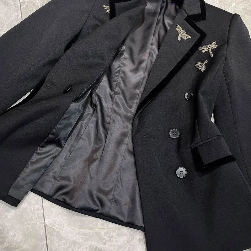 Классический дизайнерский черный блейзер с вышивкой модный двубортный