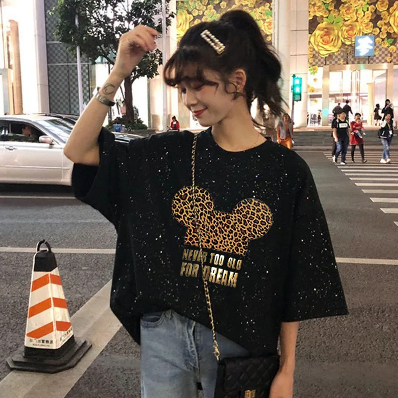 

Women T-Shirt Disney Mickey Print Sequined Short Sleeve Tshirt Top Kawaii Female Loose Casual Harajuku Woman Clothing Summer New