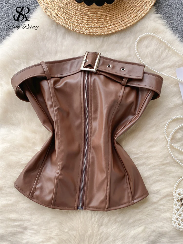 SINGREINY мини-топы из искусственной кожи без бретелек для женщин шикарная майка с