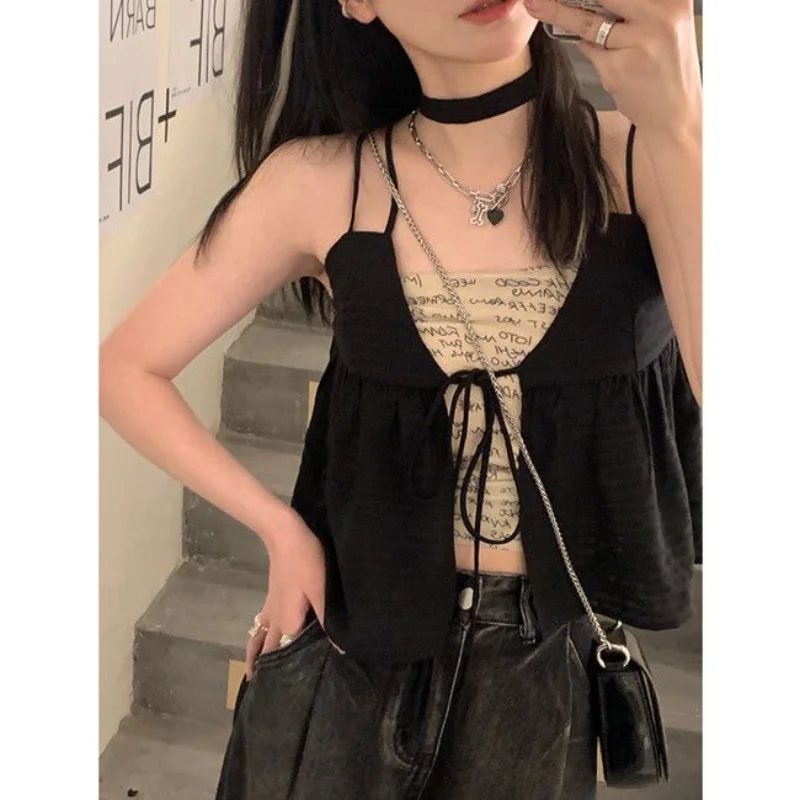 

Sexy Black Halter Bandage Tanks Backless Sleeveless Women Short Crop Tops Tank Slim Camis Two Piece Lace-up Y2k Fashion Sets