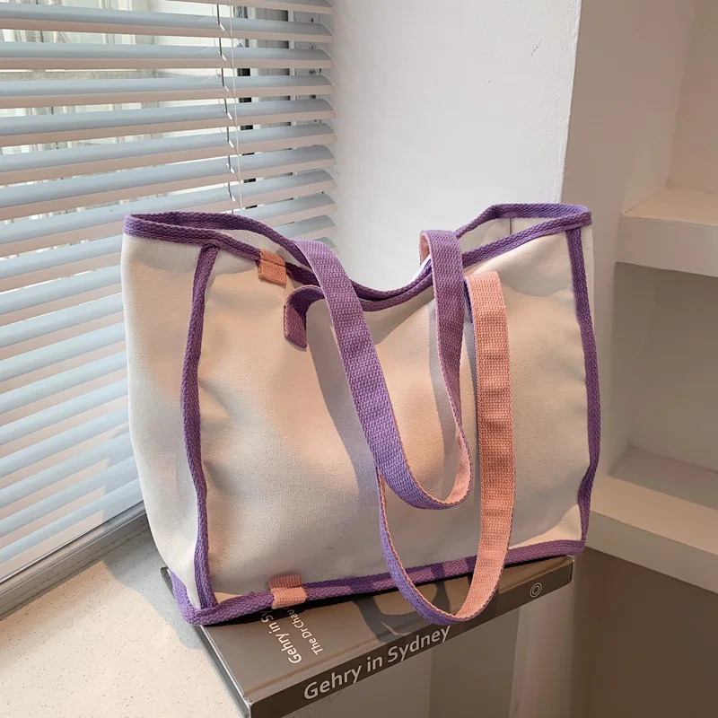 

Women Canvas Contrast Color Shoulder Bag Large Capacity Public Pink Yellow Handbag Casual Soft Book Tote Shopper Bag For Girl