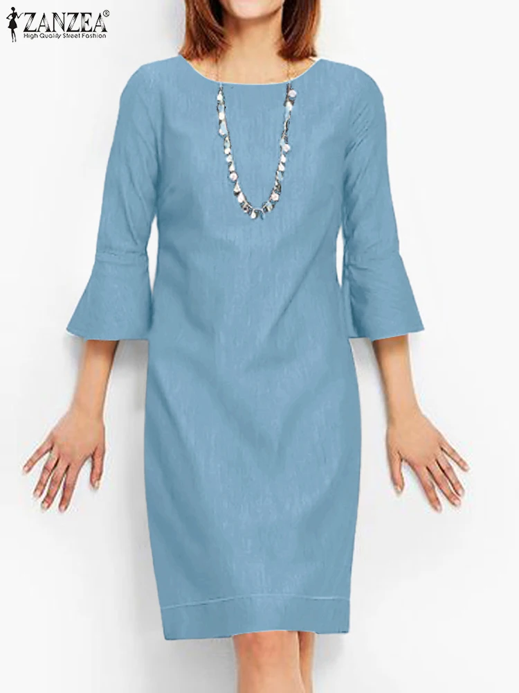 Женское однотонное джинсовое платье Zanzea с круглым вырезом и расклешенными
