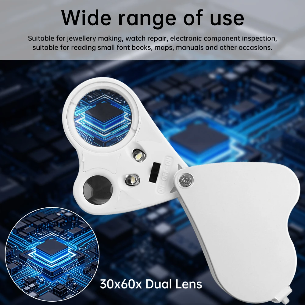 30X 60X лупа для ювелирных изделий с двойной линзой и яркой светодиодной подсветкой