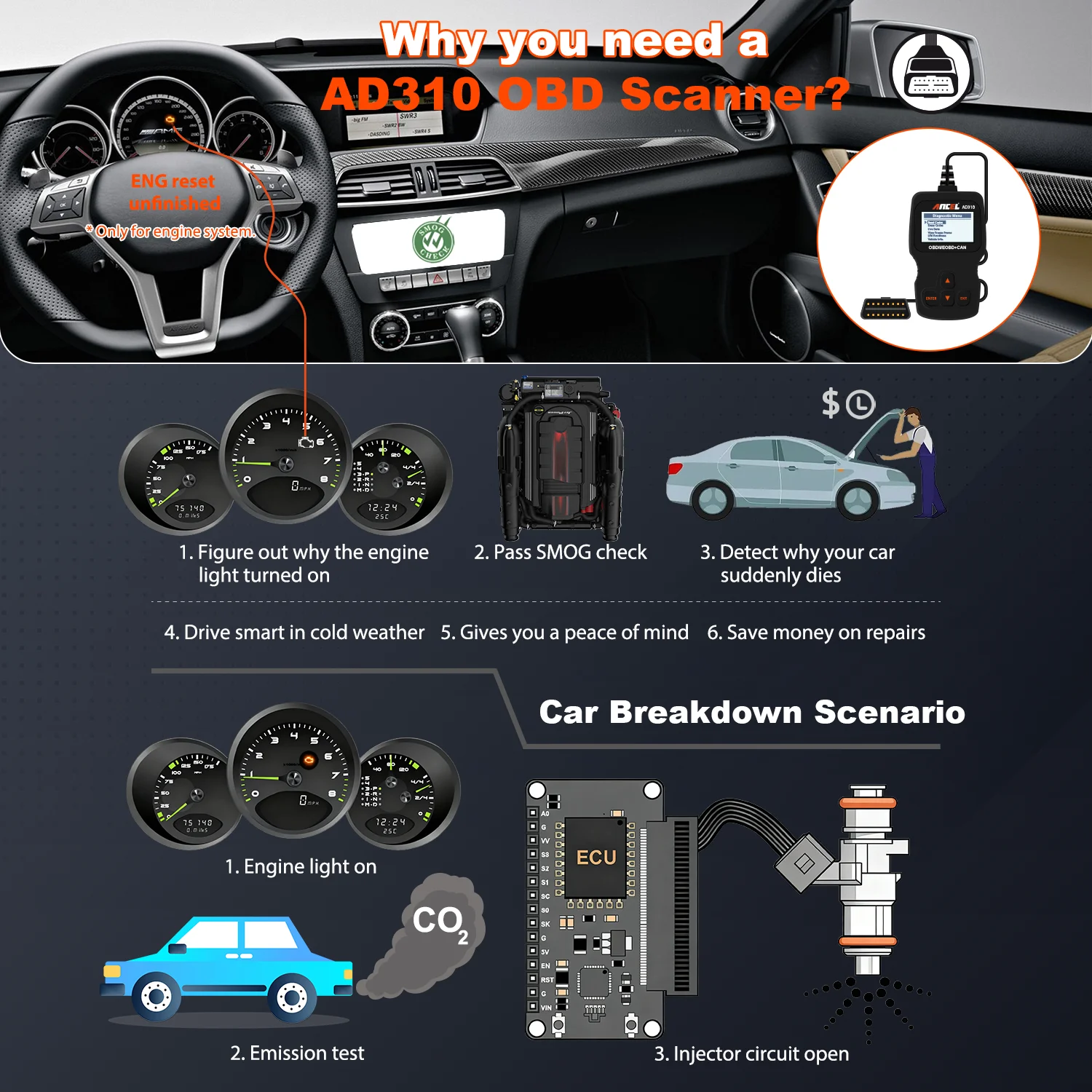 Фото ANCEL AD310 OBD2 Диагностический сканер для автомобилей, считыватель кодов неисправностей, инструмент для проверки двигателя, автомобильный диагностический сканер OBD2 №3