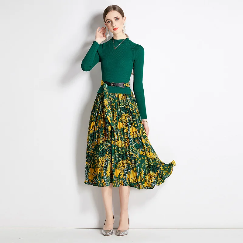 

Fall Winter Vintage Knitted Patchwork Print Pleated Midi Long Dress Elegant Lady Office Work A-Line High Quality Vestidos