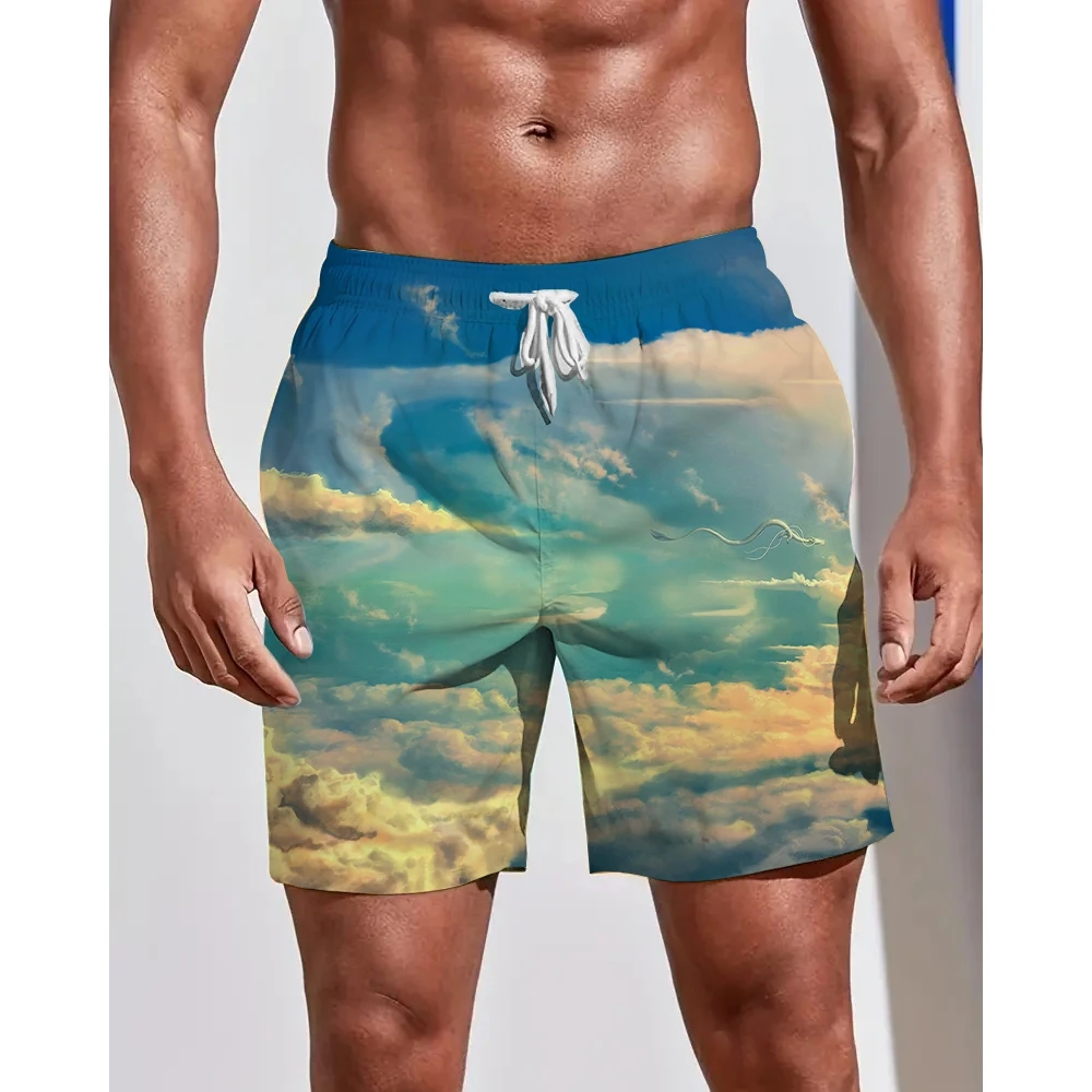 

Мужские спортивные брюки для отдыха четыре сезона, модные быстросохнущие пляжные штаны для плавания и молодежи с 3D принтом облаков, большие...