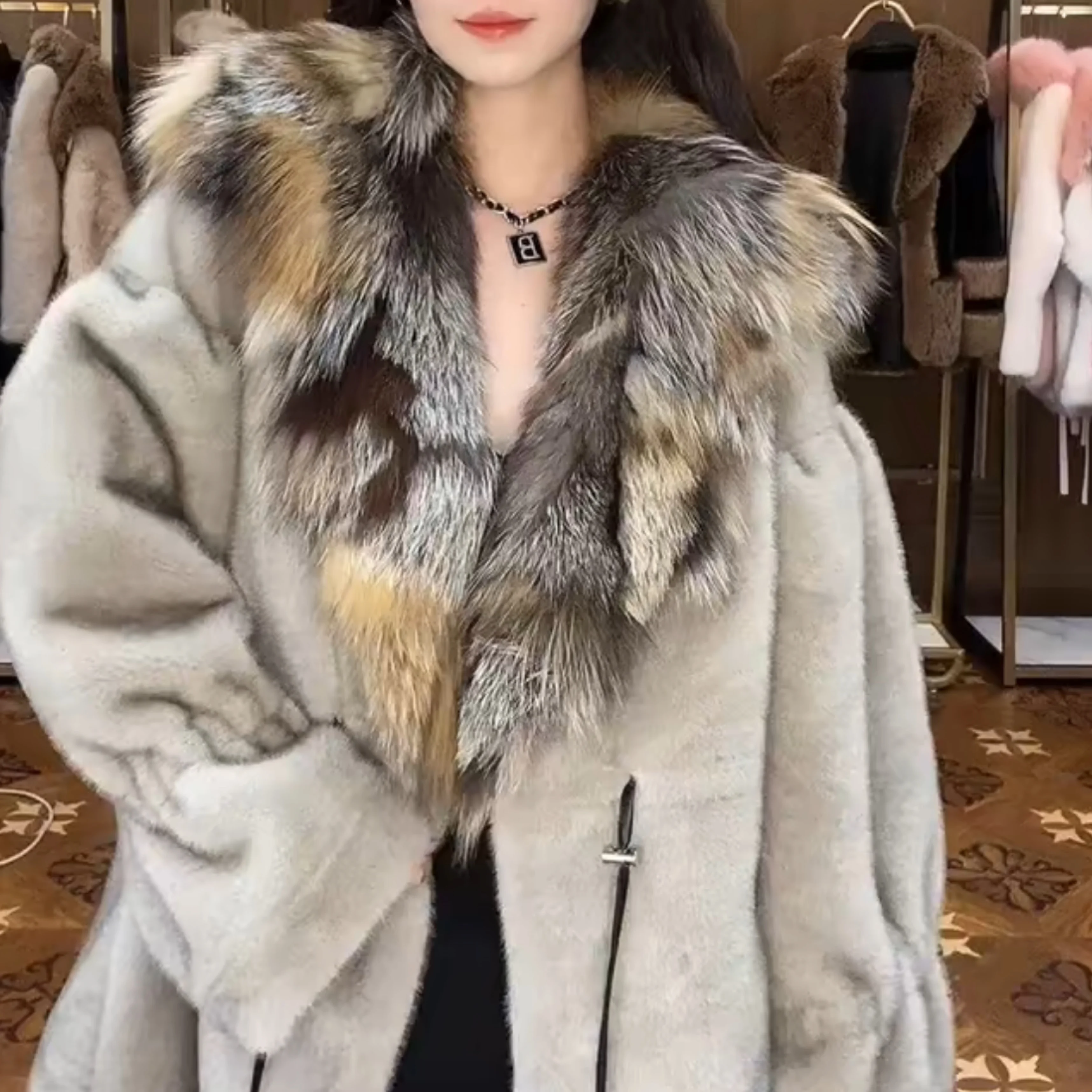 2022 Winter Clothes Fashion Fox Fur with Mink Fur Coats High-End Luxury Long Sleeve Women's Mid-Length Elegant Warm Fur Jacket