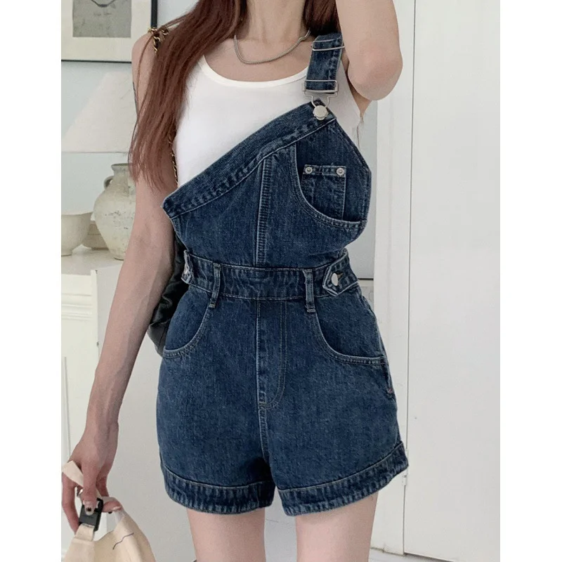 

Hsa 2023 Summer Denim Suspender Shorts Irregular Chic Large Size Loose Age-Reducing Wide Leg One-Piece Shorts Women's Rompers