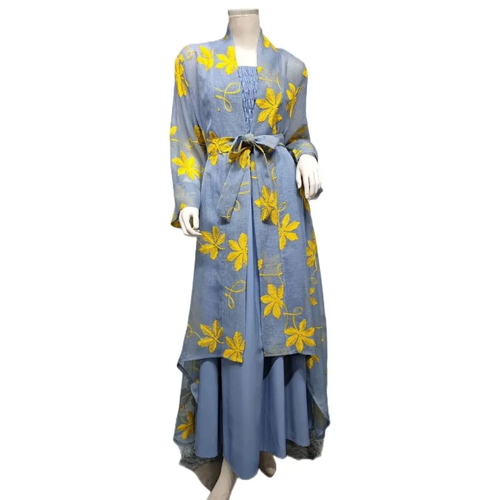 

Abaya Femme Musulman 2 Pieces Blue Lace Yellow Embroidery Belt Elegant Dress Women Robe Abaya Dubai Turkey Muslim Hijab Dress