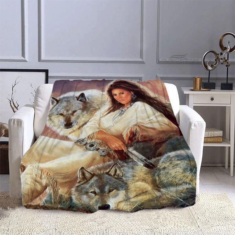 

Wolf and Indian Woman Pattern Blanket Animals Flannel Blanket Cosy Lazy Couch Cover Blanket Super Soft Sheet Mattresses