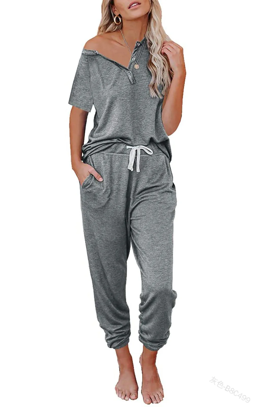 

2022 Spring Summer Women's Solid Color Casual Suit V-neck Off-Shoulder Short Sleeve Top Elastic Waist Drawstring Sports Trousers