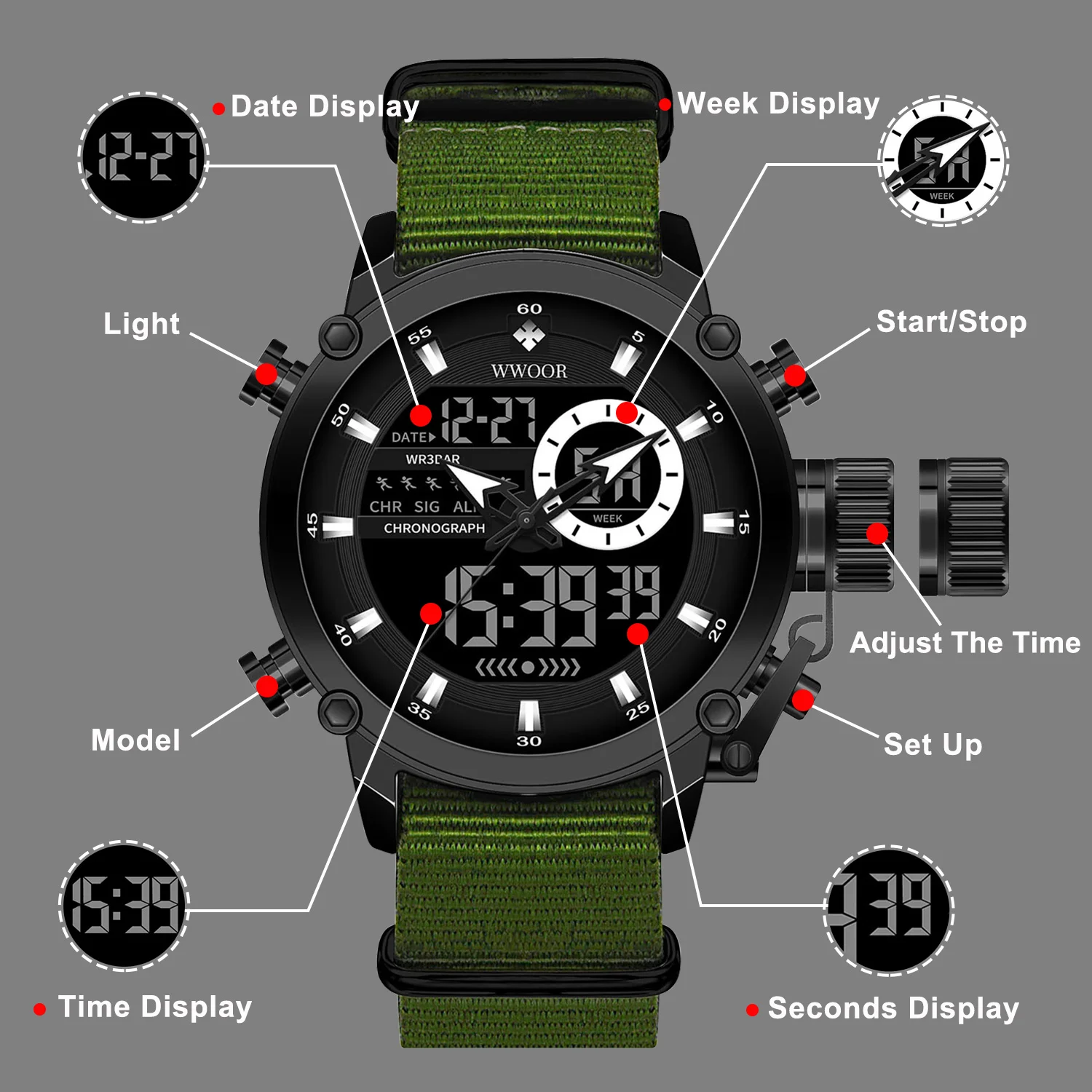 Fashion Wwoor Top Brand Military Sports Men's Nylon Digital Quartz Wrist Watches Waterproof Dual Display Clock Relogio Masculino