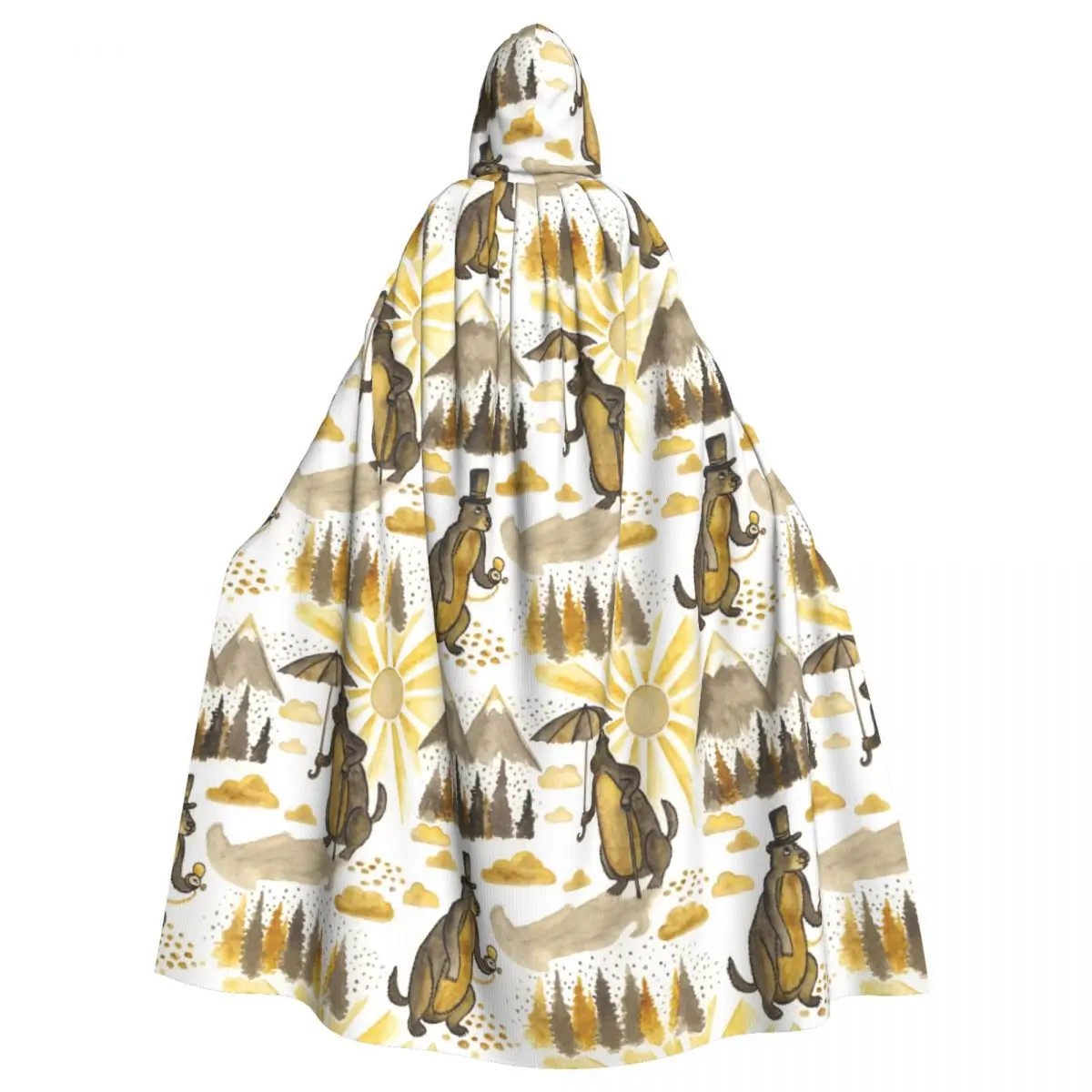 Watercolor Marmots In Hats Sepia Happy Groundhog Day Hooded Cloak Polyester Unisex Witch Cape Costume Accessory