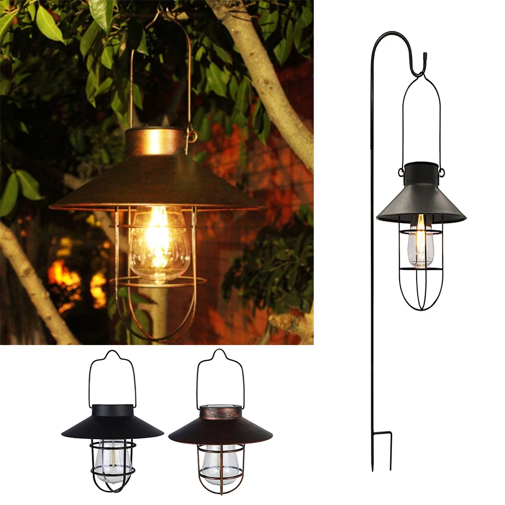 

Retro Solar Lantern Hanging Waterproof Vintage Metal Outdoor Garden Lights with Tungsten Bulb Decorative for Patio Backyar