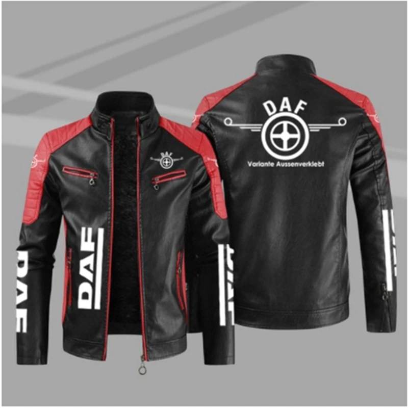 

NEW Men's PU Leather Winter Daf Logo Fashion Motorcycle Bomber Zipper Long Sleeve Jacket Outwear Keep Warm Male Coat K