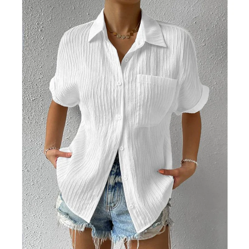 

Summer Casual Shirt Top Solid Color Casual Loose Loose Fashion Short Sleeve Blouses Single Breasted Shirt Collar Shirt