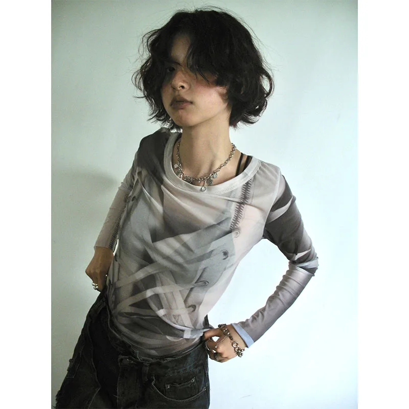 Футболка женская сетчатая в готическом стиле с принтом Y2k