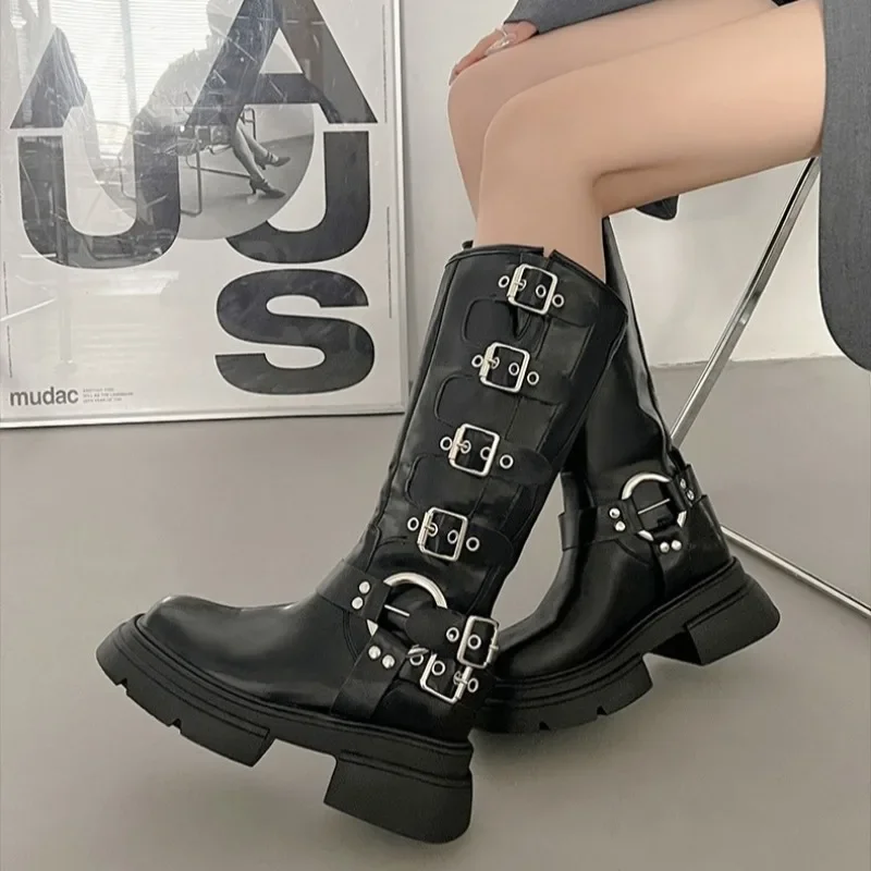 

Autumn Winter Square Heeled Western Boots for Women Knee High Pointed Toe Chelsea Knee-length Boots Botas De Invierno Para Mujer