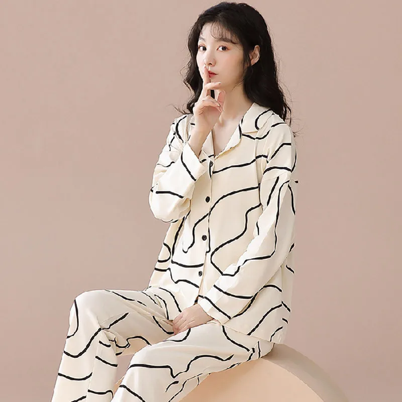 1 Ms 2023 women pajamas in the spring and autumn cotton long sleeve pajamas loose adult mother pajamas household to take