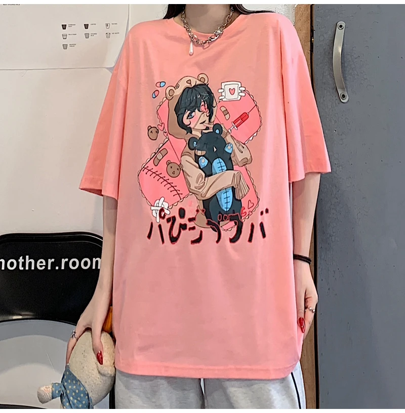 

Summer Oversized T-Shirt Women Loose Mid-Length Y2K Clothes Cartoon Print Round Neck Short-Sleeve Top 6063