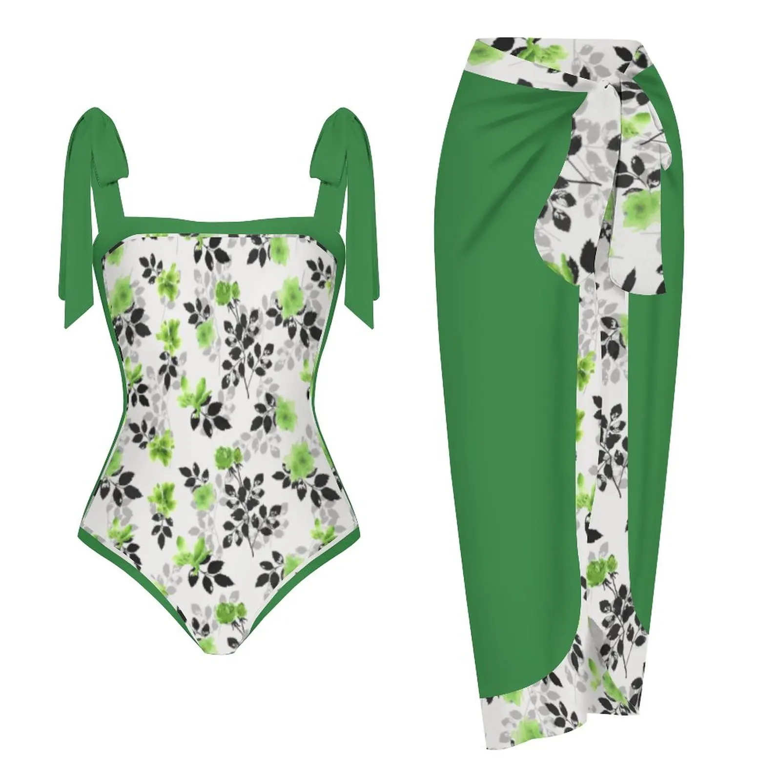 2023 Retro Two Piece Swimsuit Skirt Shoulder Strappy Swimsuit Print Floral Swimwear Women Slimming Bathing Suit Beach Wear Green