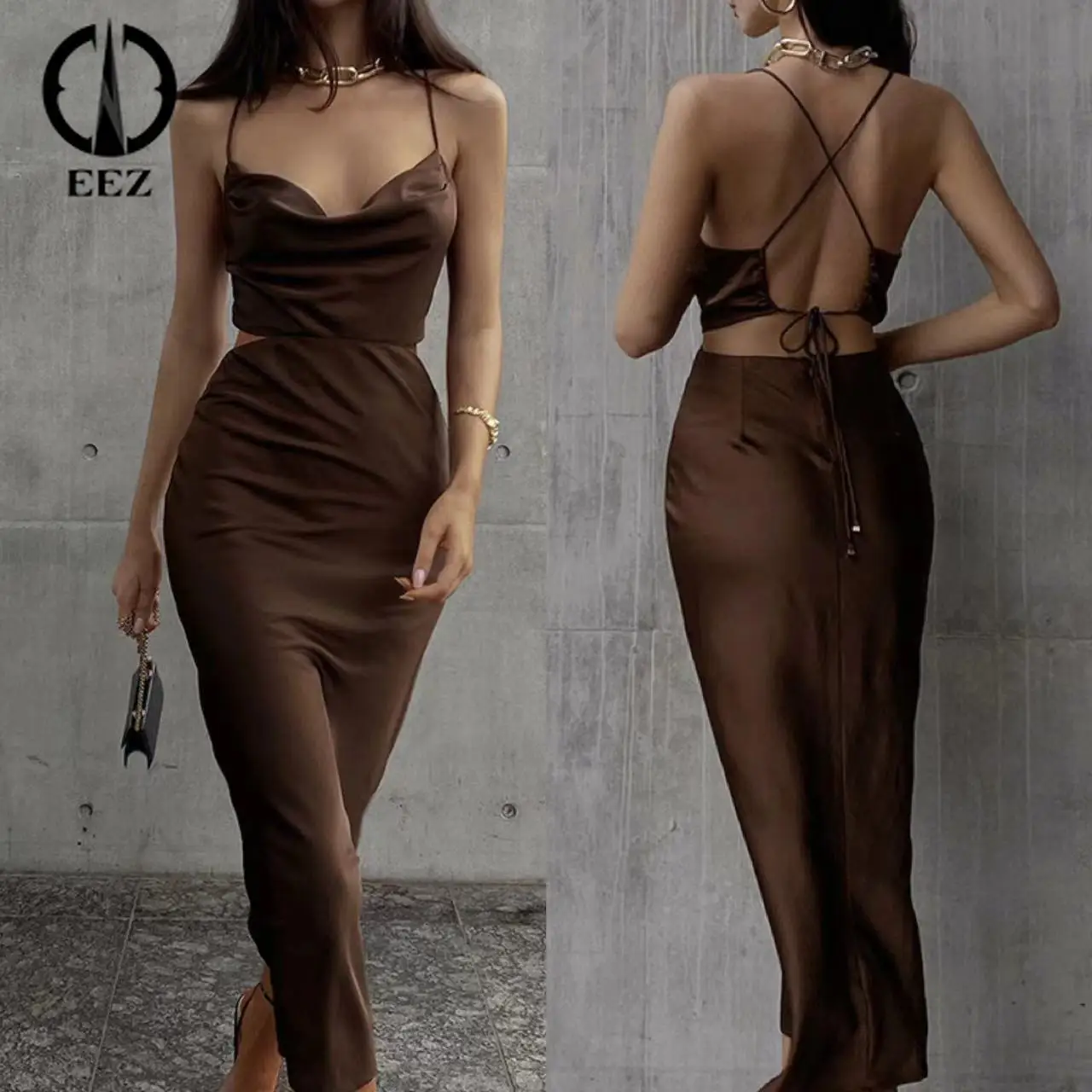 

Brown Satin Backless Bandage Ruched Maxi Dress Women Sleeveless Spaghetti Strap Dress Ladies Summer Skinny Streetwear SunDress