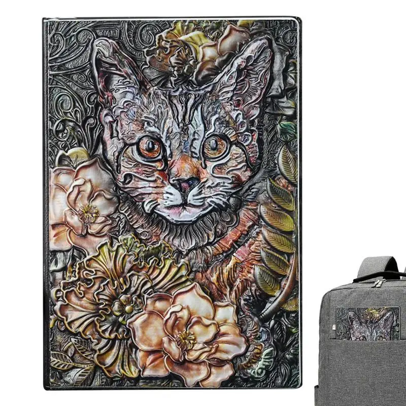 

Vintage Cat Notebook 3d Embossed PU Leather Cat Notebook Journal 200 Horizontal Grid Pages Cart Notebook For Decoration Writing