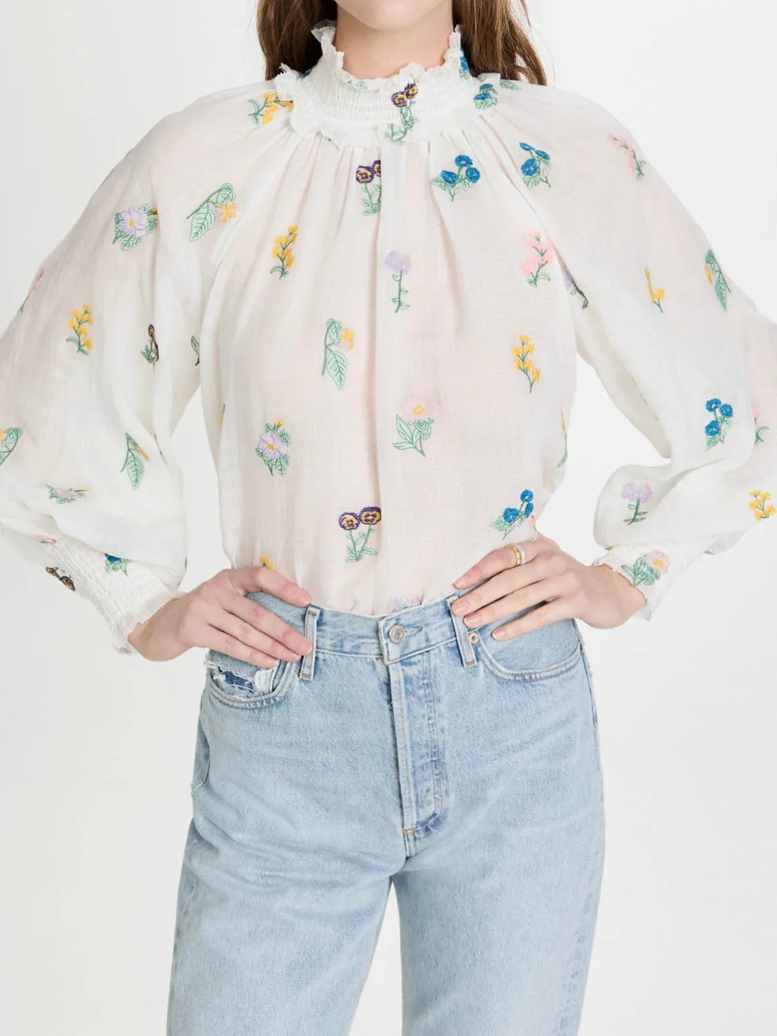 

High Quality Summer Holiday European Fashion Women Long Sleeve Stand Collar Multicolor Floral Embroidery Ramie Blouse