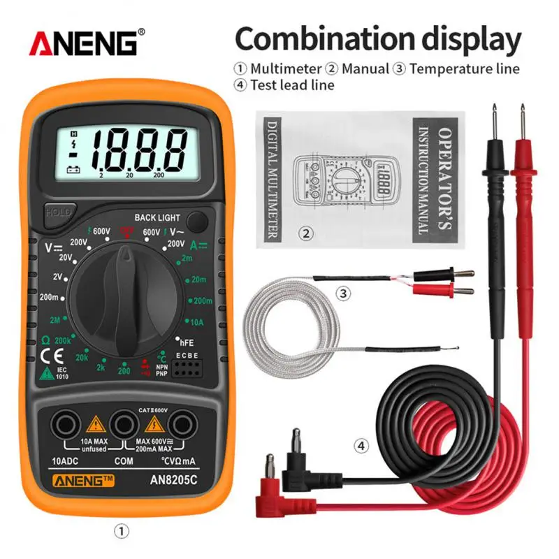 

ANENG AN8205C Digital Multimeter AC/DC Ammeter Volt Ohm Tester Meter Multimetro With Thermocouple LCD Backlight Portable