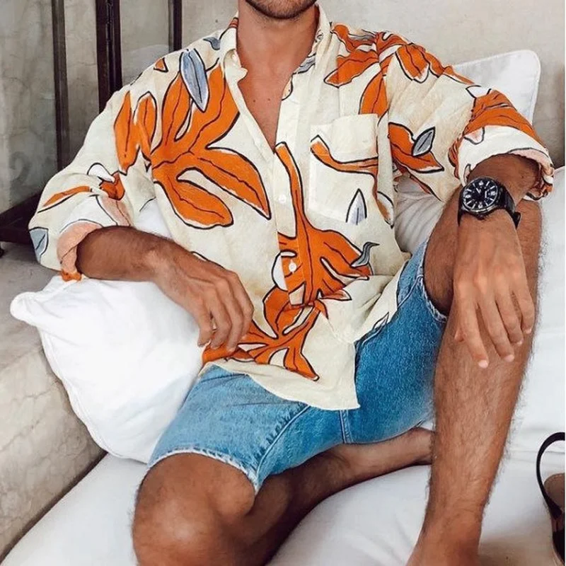 Men Shirt Summer Loose Cardigan Print Shirt Men's Casual Long Sleeve Single-Breasted Turn-down Collar Pocket Stitching Shirt Top