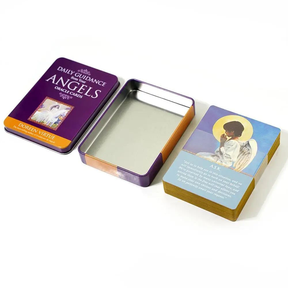 Ежедневное руководство из ангелов Колода Таро в жестяной коробке с позолоченным