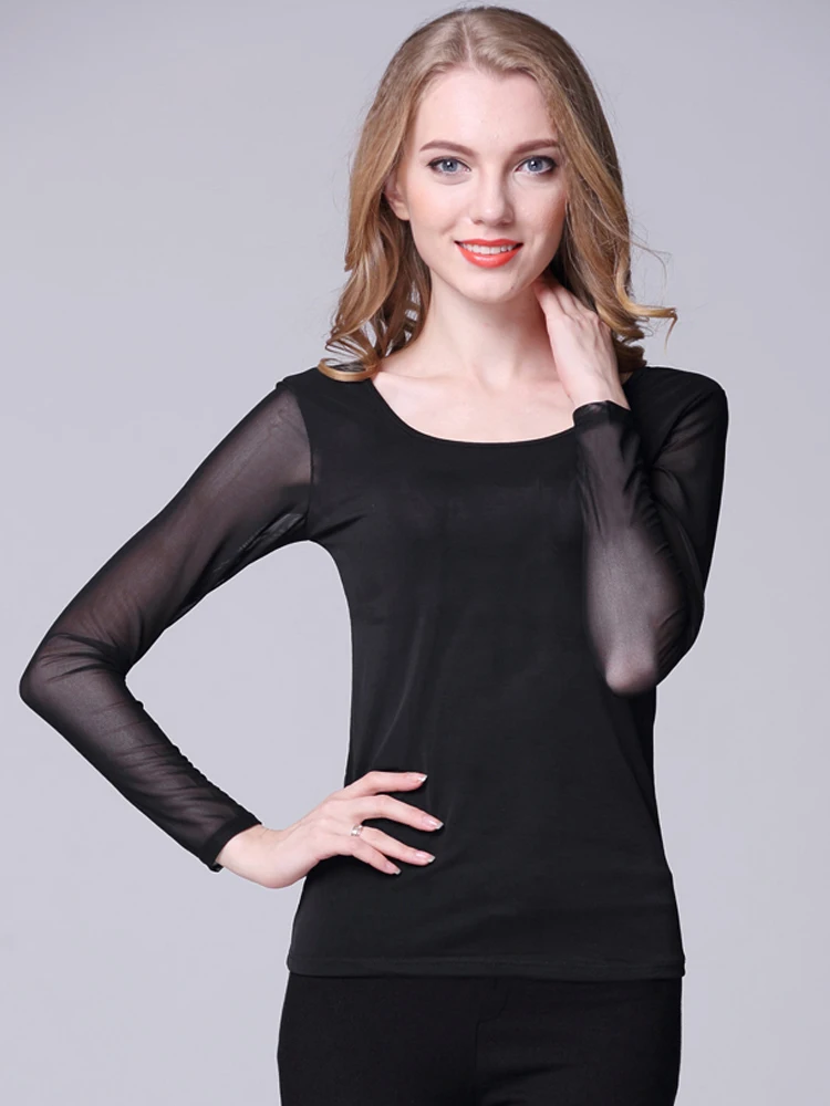 Mesh Tops Women Sexy Net Shirt Long Sleeve Double Layer Lace Tee Female Black Thicken Sheer Tops Lady 2023 New Spring Clothing