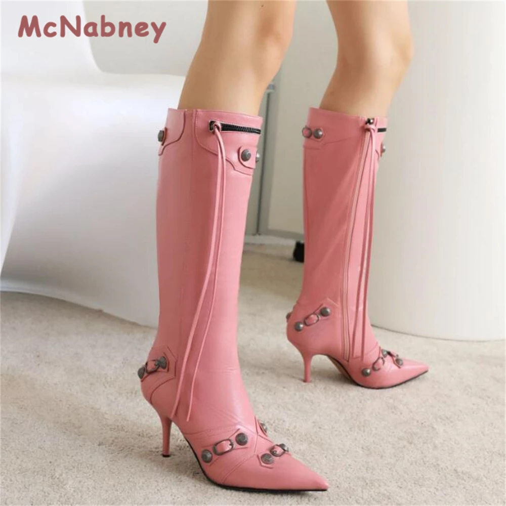 Women New Knee High Boots Slim Tassel Shoes Fashion Sexy Rivet Pointed Toe Stilettos Heels Vintage Metal Buckle Zipper Boots