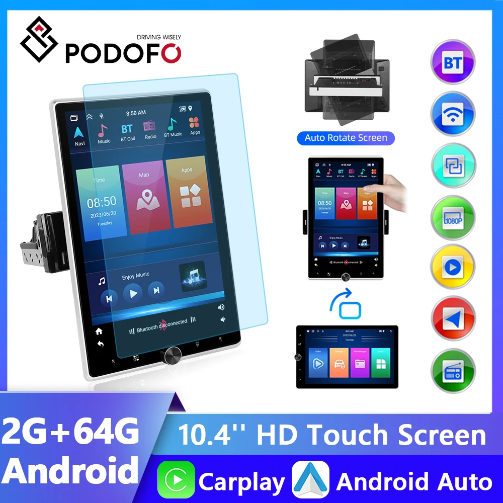 

Автомагнитола Podofo, мультимедийный видеоплеер на Android, с вращающимся экраном, для Volkswagen, Toyota, Nissan, Ford, Типоразмер 1 Din