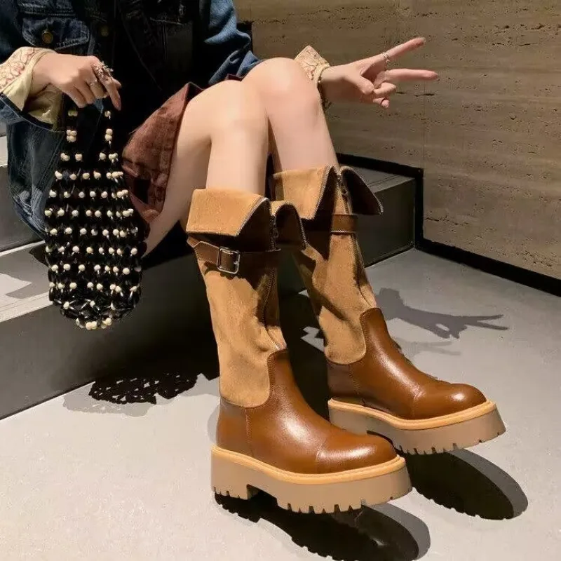 

Woman Boots Knee High Platfrom Studded Spring Autumn Knight Combat Gothic Elegant Medium Heel Women's Shoes Motorcycle Footwear