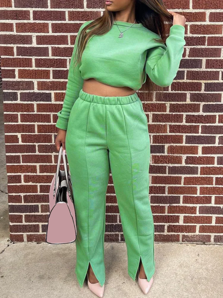 

Plain Long Sleeve Crop Sweatshirt Tops & Slit Feet High Waist Pants Set Women Casual Two Piece Set Tracksuits