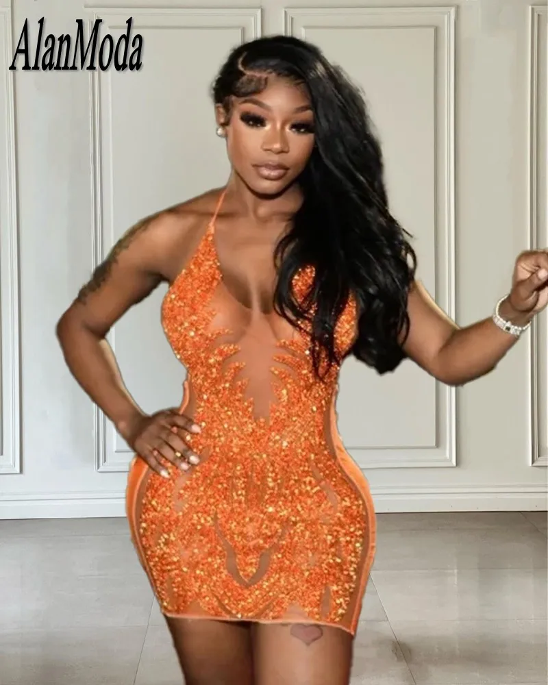 

Orange Fitted Birthday Dresses For Women Halter Crystal See Through Short Prom Gowns Black Girls Party Wear Night Club Dress
