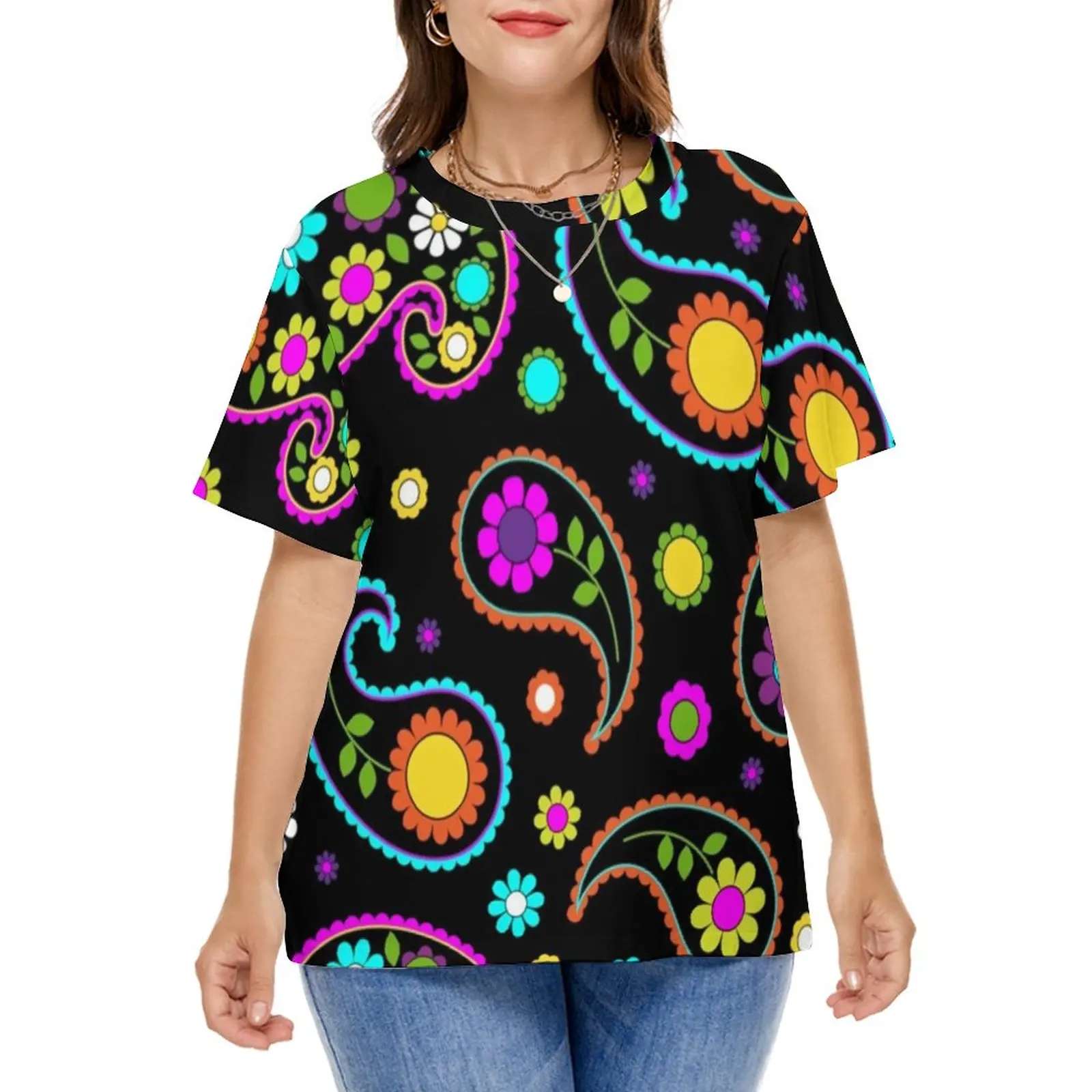 

Retro 60s T Shirt Hipple Paisley Floral Print Vintage T Shirts Short Sleeve Street Fashion Tshirt Summer Clothing Plus Size 5XL