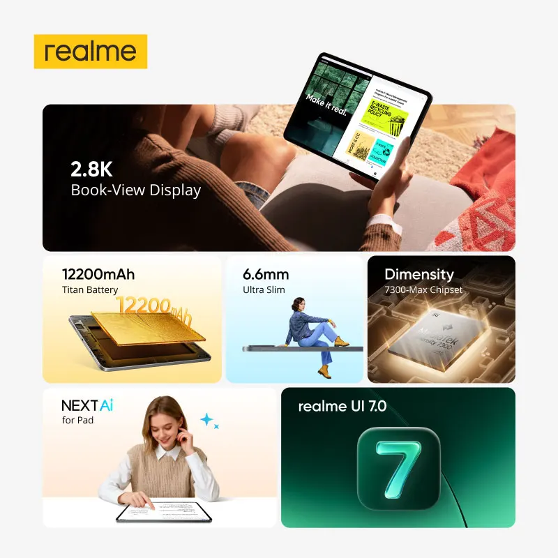 Фото Новый планшет realme Pad 3 5G 256 ГБ, 11.61-дюймовый LCD-дисплей с частотой 120 Гц, процессор Dimensity 7300-Max, аккумулятор 12200 мАч, зарядка 45 Вт, 2.8K, Book-View №2
