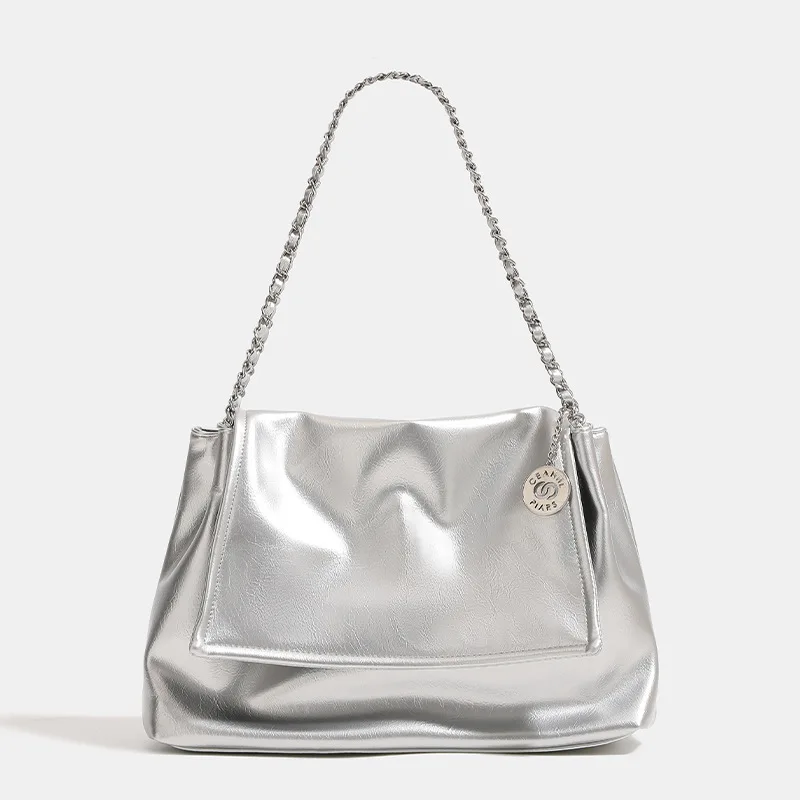 

Silver bag niche chain tote for women 2023 new versatile large capacity commuting single shoulder