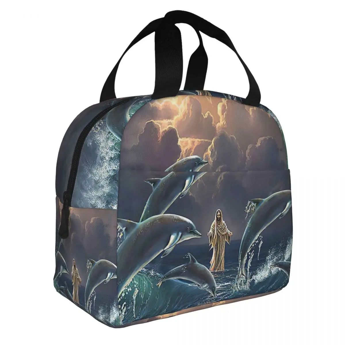 Jesu And Fish Canvas Poster Lunch Bento Bags Portable Aluminum Foil thickened Thermal Cloth Lunch Bag for Women Men Boy