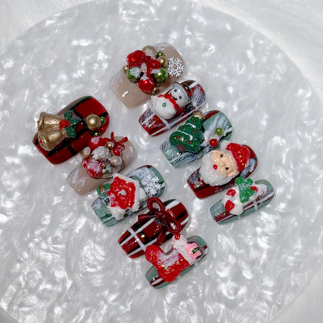 Рождественский пресс на акриловых ногтях накладные ногти ручной работы 3D