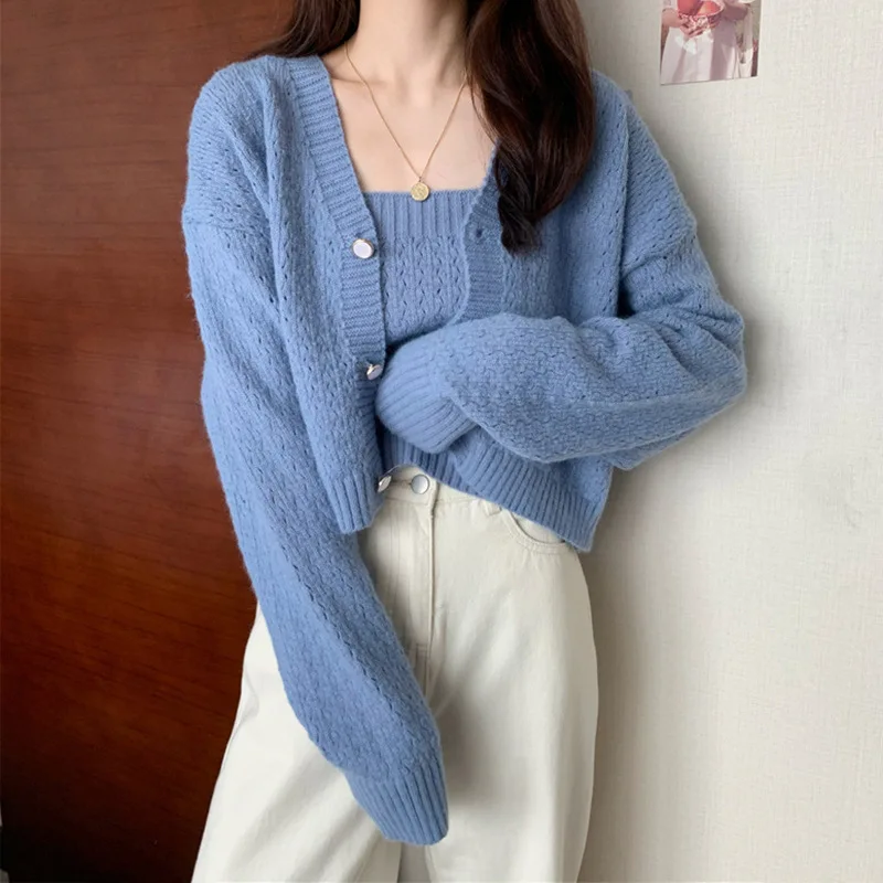 

Spring Autumn Sweater Women 2022 New Short Tops Knitted Cardigan Coat chompas para mujer Two-Piece Sling カーディガン